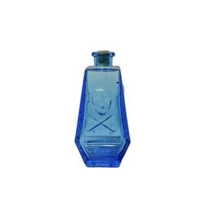 Vintage Blue Wheaton Glass Coffin Shaped Bottle RIP Skull and Cross